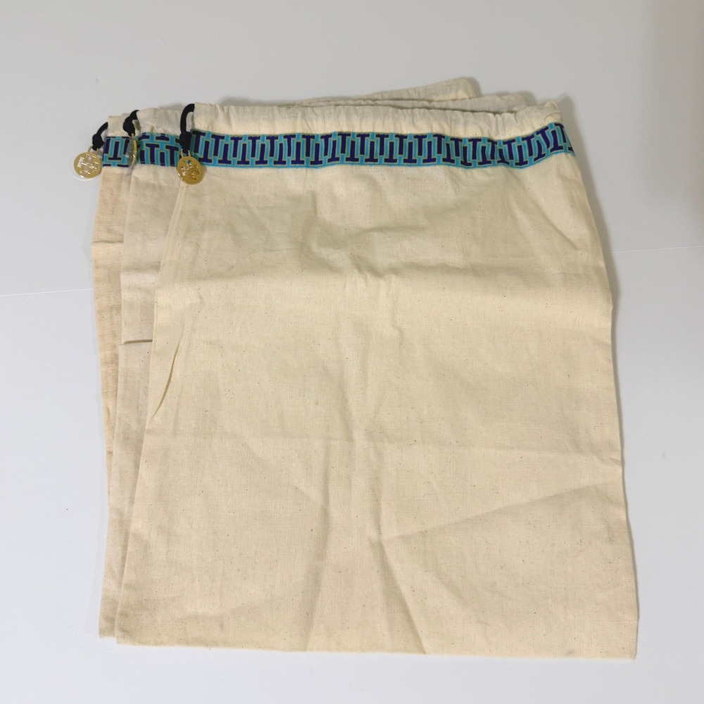 Tory Burch Ivory Cotton Canvas Drawstring Dust Storage Bags‎ 14"x12" Medal Charm